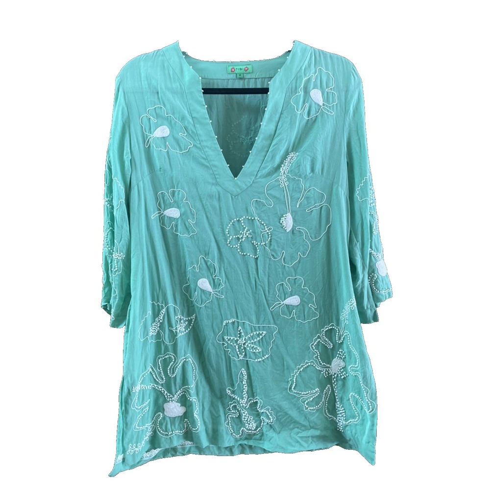 Tibi Silk Embroidered White Beaded Sz M Black Floral Aqua Green Teal Tunic
